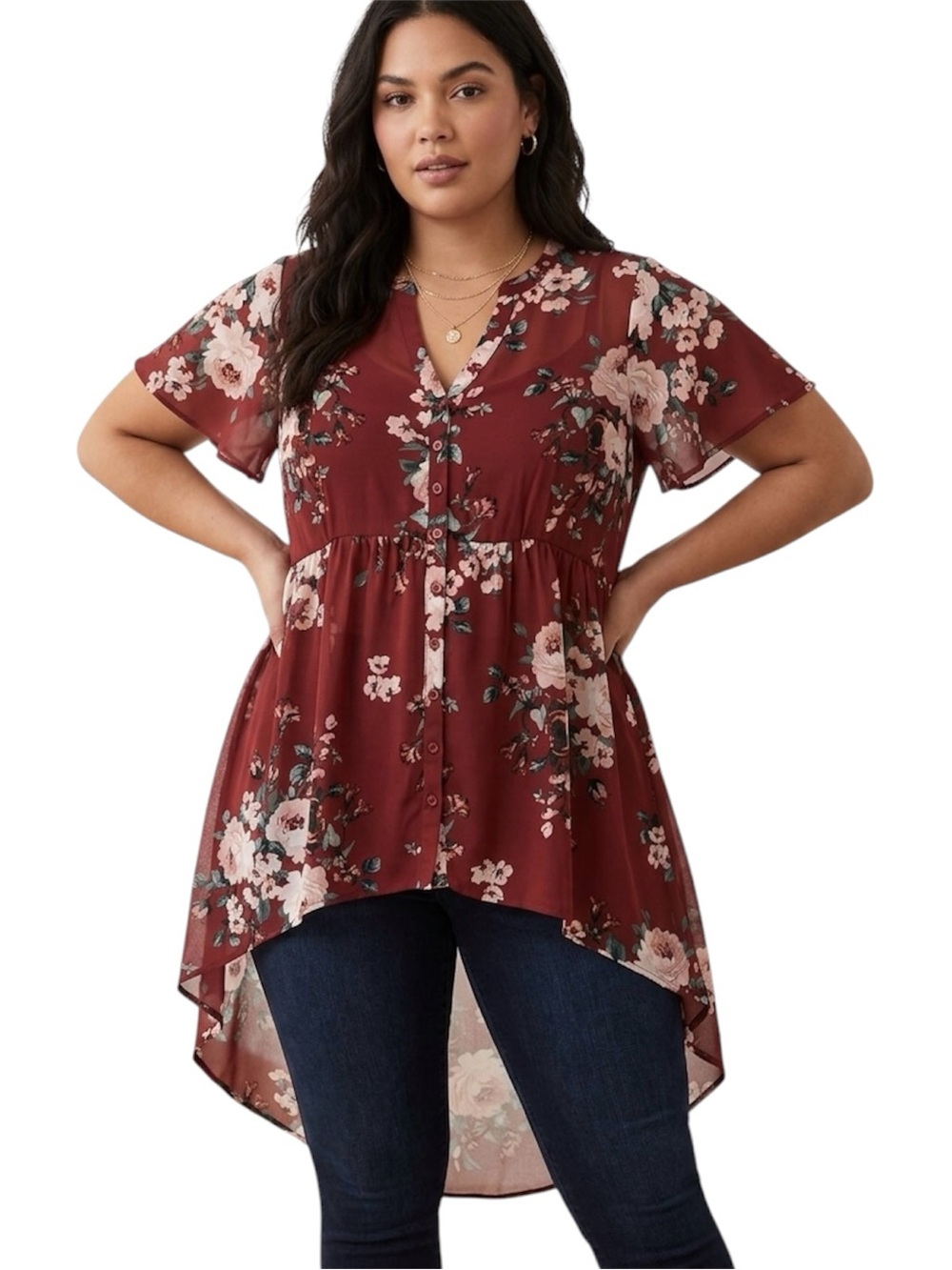 Torrid Floral Roses Lexie High Low Flutter Sleeve Button Front Tunic Top Size 1X